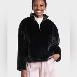 NWT Women's Faux Fur Quarter Zip Sweatshirt A New Day Black